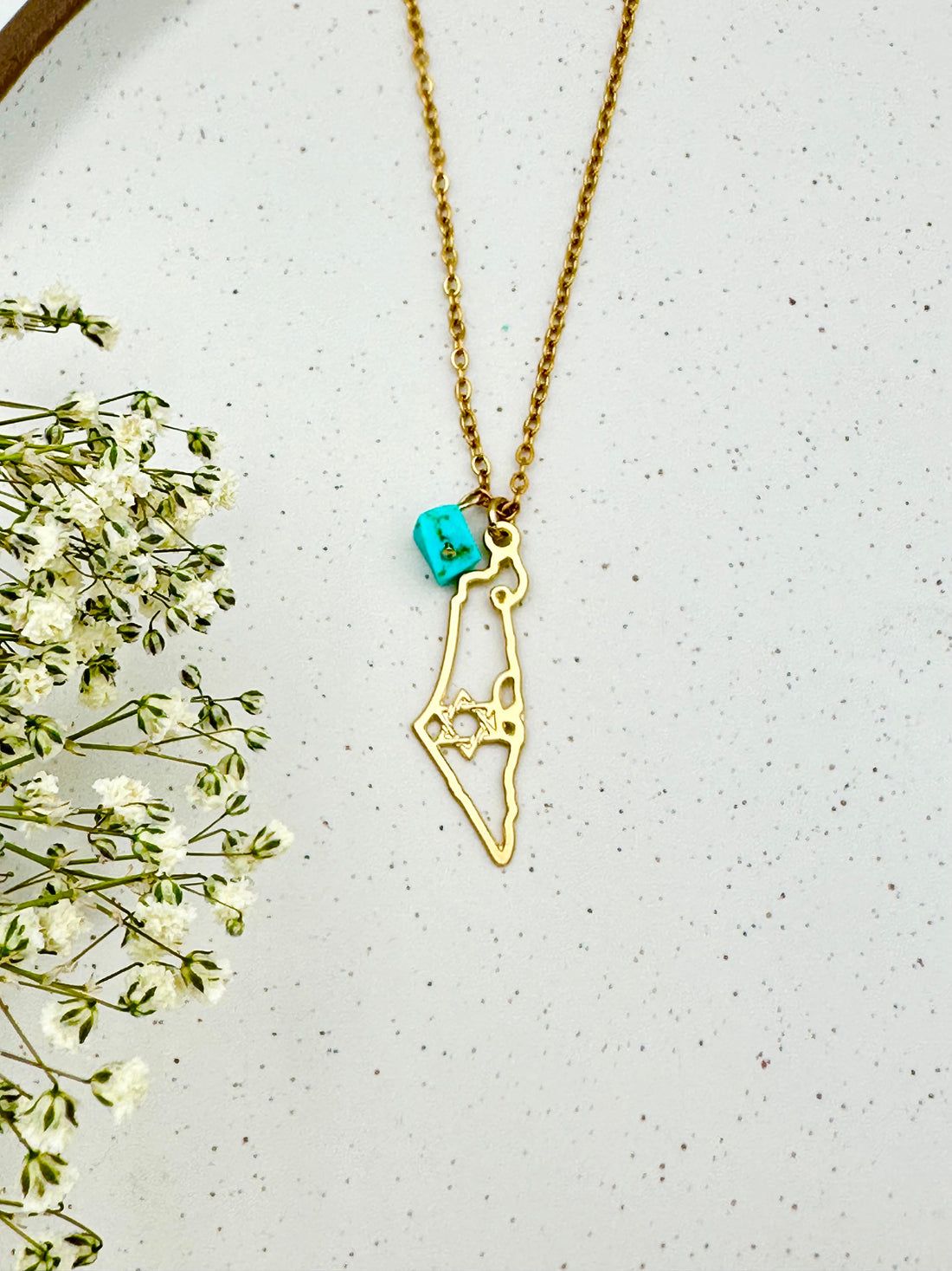 שרשרת ארץ ישראל ומגן דוד פנימי |  מצופה זהב בשילוב אבן טורקיז