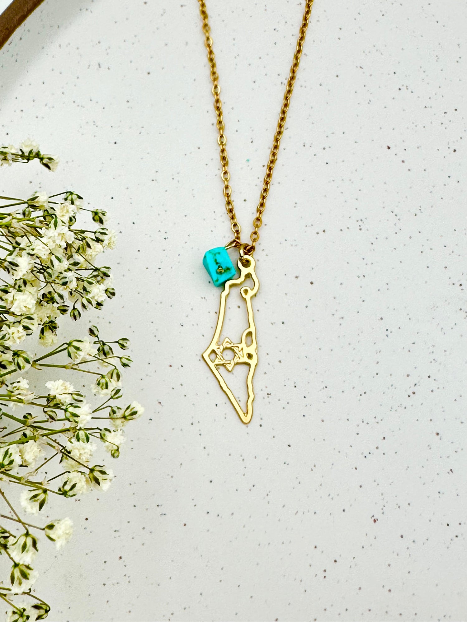 שרשרת ארץ ישראל ומגן דוד פנימי |  מצופה זהב בשילוב אבן טורקיז