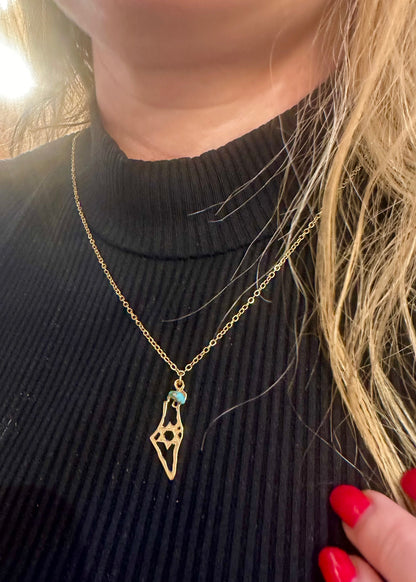 שרשרת ארץ ישראל ומגן דוד פנימי |  מצופה זהב בשילוב אבן טורקיז