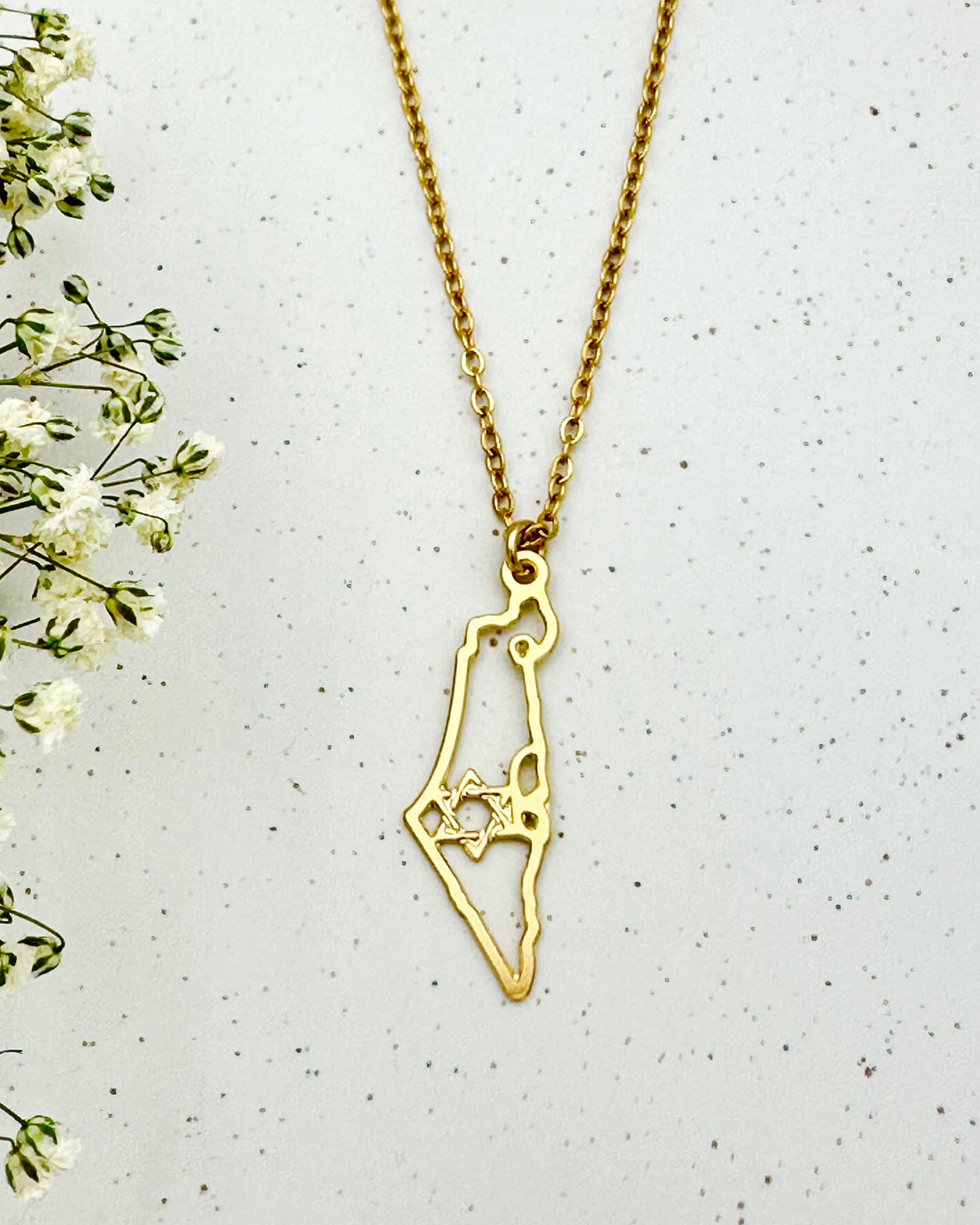 שרשרת עדינה בציפוי זהב בצורת מפת ארץ ישראל עם מגן דוד פנימי, בעיצוב נשי ומלא משמעות, המדגישה חיבור לארץ, זהות ושייכות.